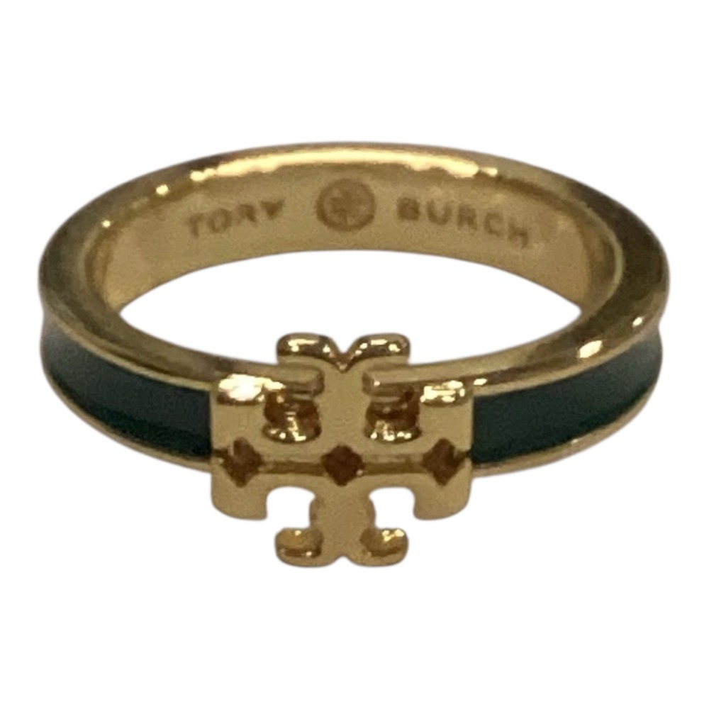 Tory Burch Kira Enamel Ring Gold Tone Hunter Green Logo Band size 8